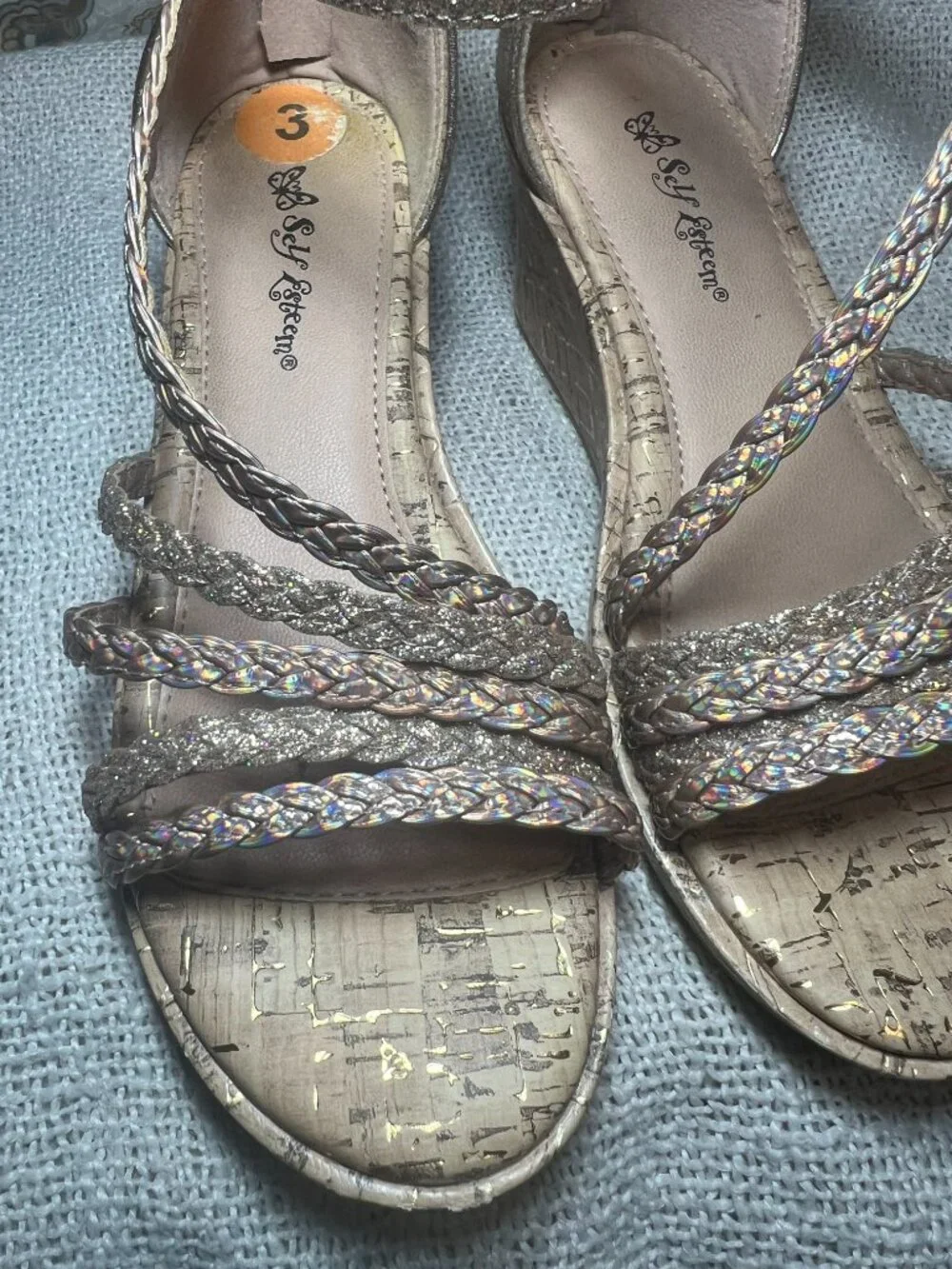 Self Esteem Girls Rose Gold Glitter Cork Wedge Sandals Size 3 – Worn Once – EUC